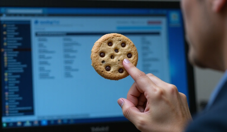 Ręka klikająca ikonę ciasteczka na ekranie komputera, symbolizująca świadome zarządzanie plikami cookie.